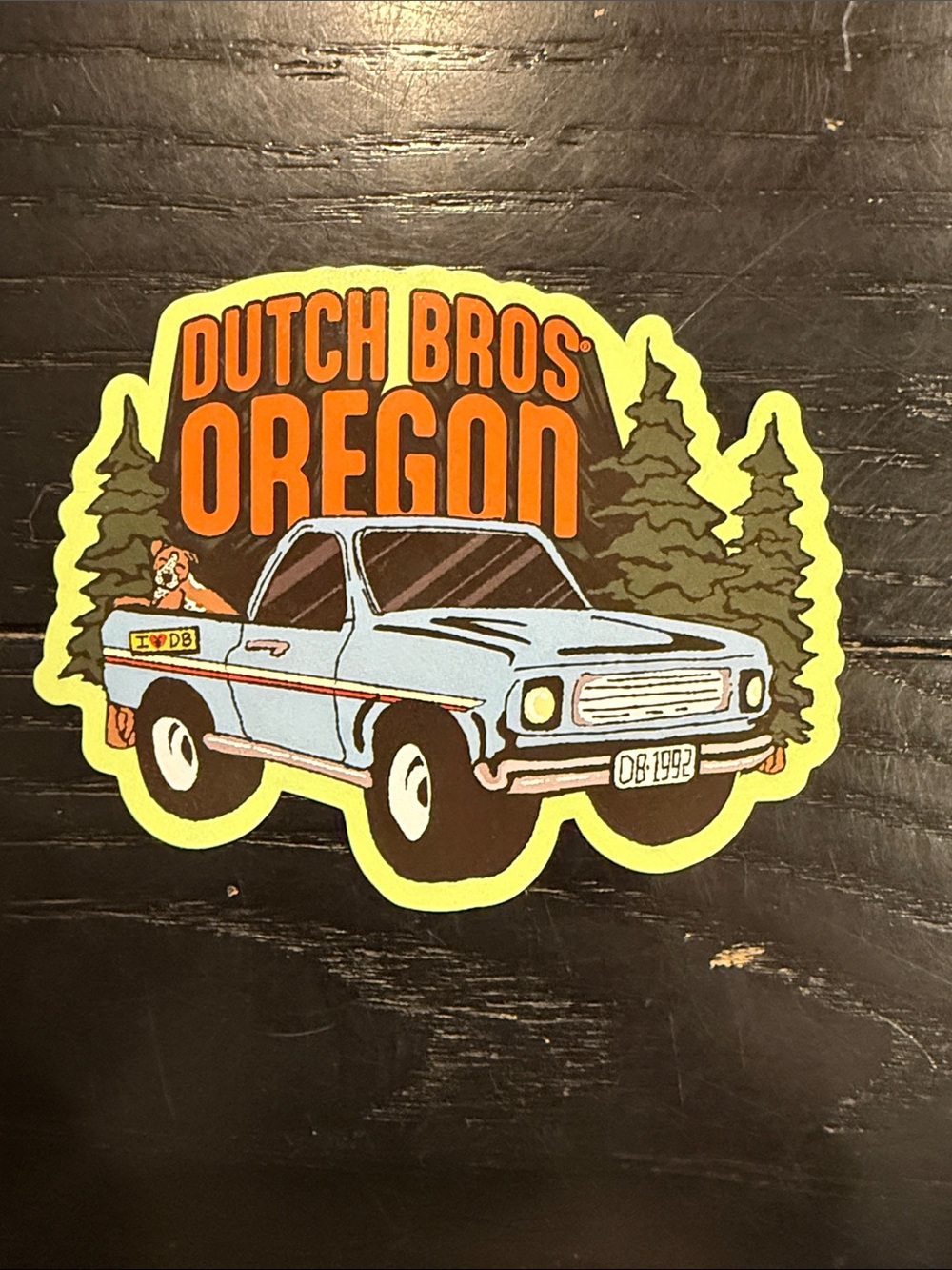 Dutch Bros Oregon Light Blue Truck Sticker with Neon Yellow Accent
